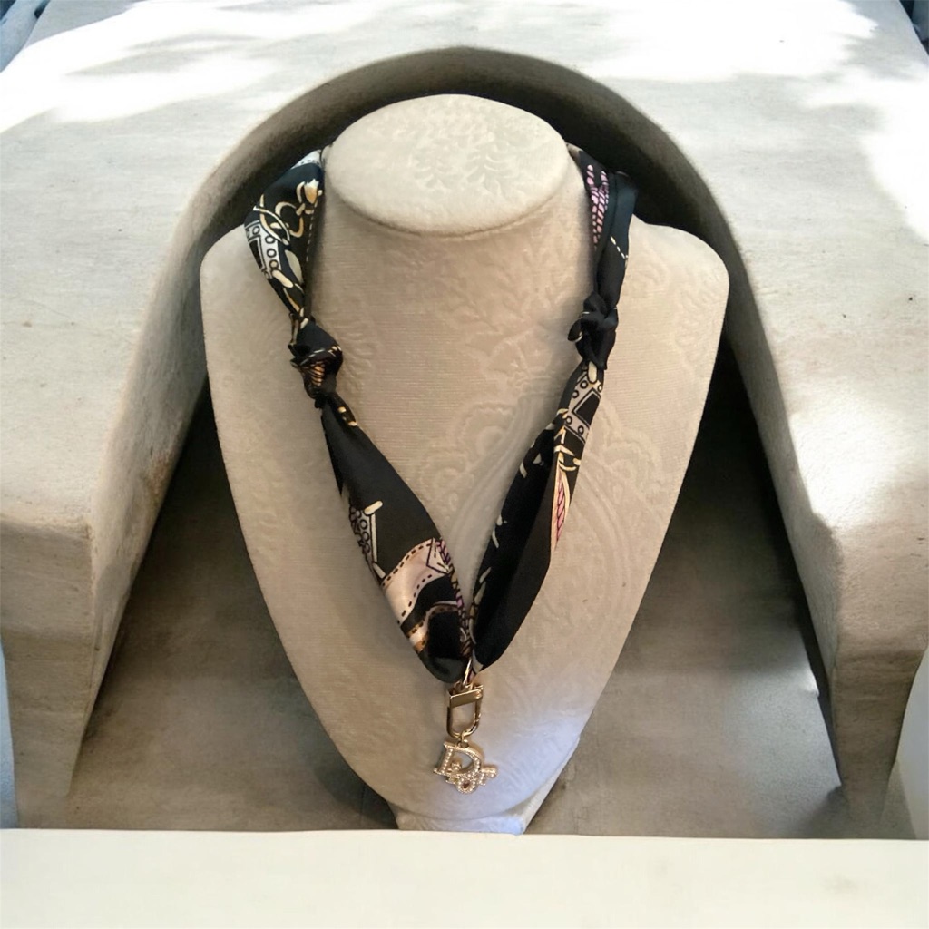 Black Patterned Silk Scarf Necklace With Gold Charm